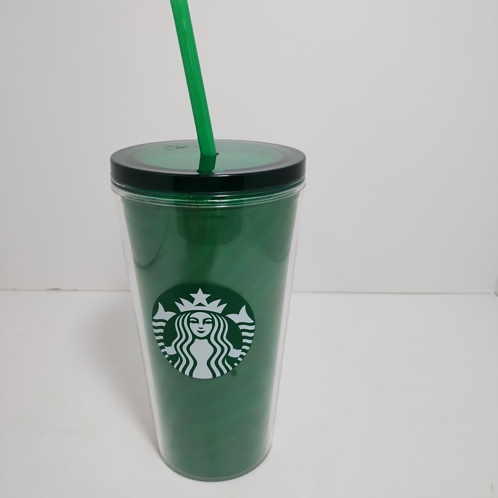 Starbucks Tumbler Green With‎ Swirl Design 16oz With Lid & Straw For Cold Drinks